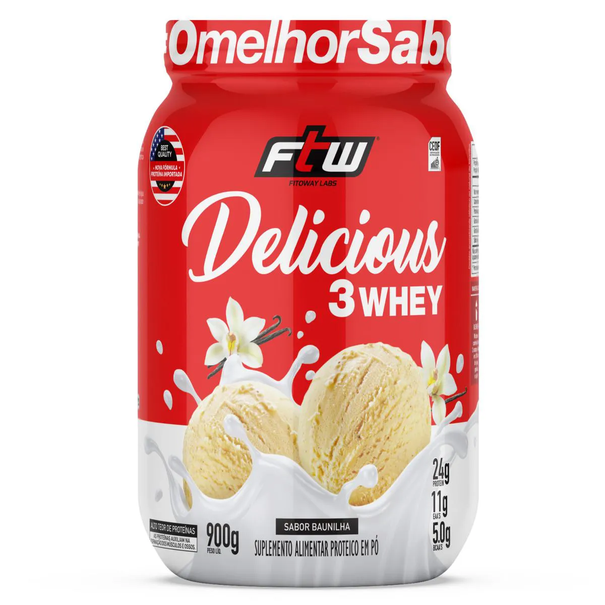 DELICIOUS 3 WHEY PROTEíNA HIDROLISADA CONCENTRADA E ISOLADA POTE 900G SABOR BAUNILHA - FTW