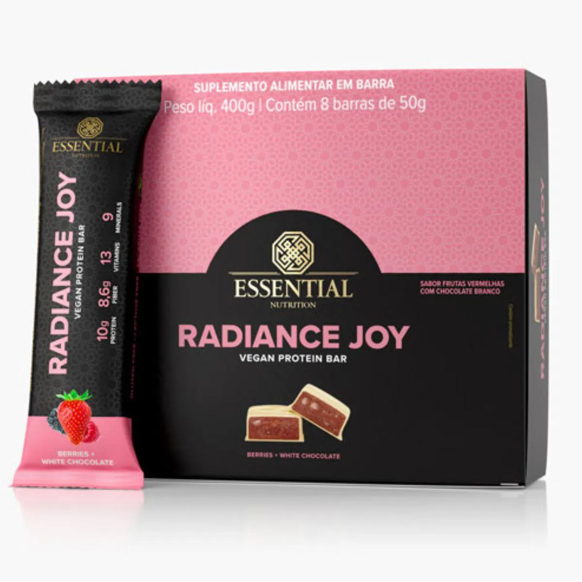 RADIANCE JOY BARRA PROTEINA VEGANA 8 UNID 50G 400G ESSENTIAL Berries E White Chocolate