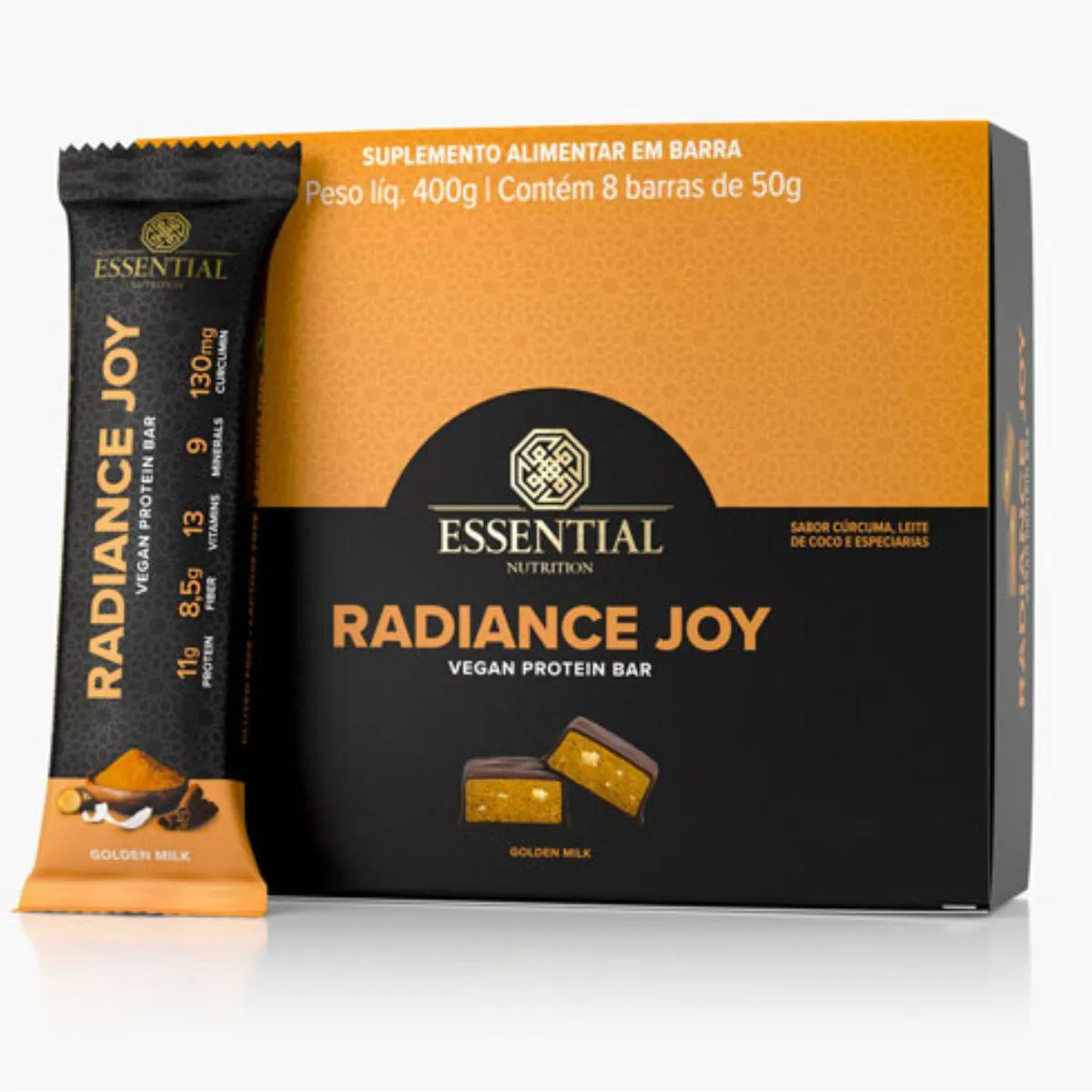 RADIANCE JOY BARRA PROTEINA VEGANA 8 UNID 50G 400G ESSENTIAL Golden Milk