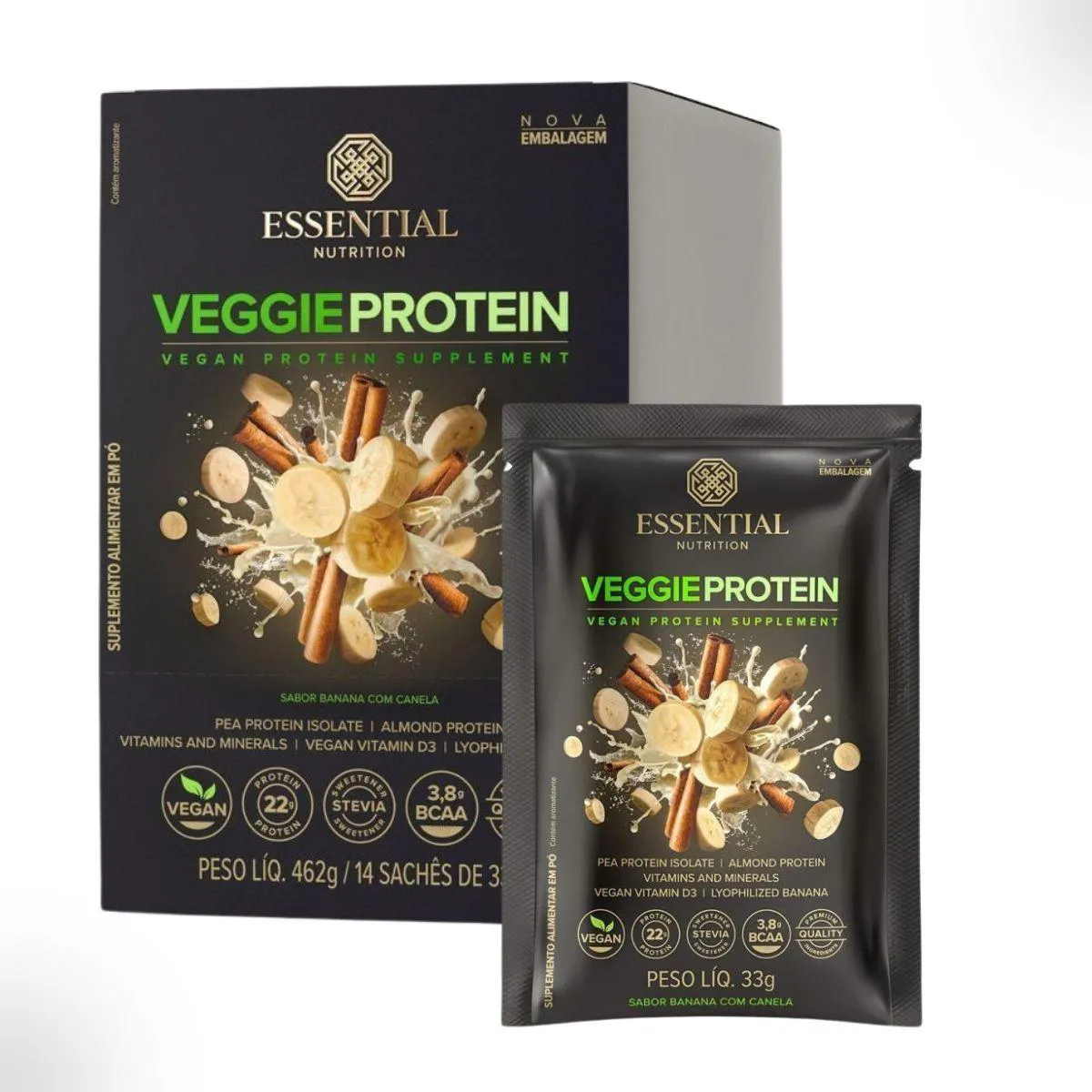 VEGGIE PROTEIN DISPLAY SACHêS  ESSENTIAL Banana COM Canela 33G 462g