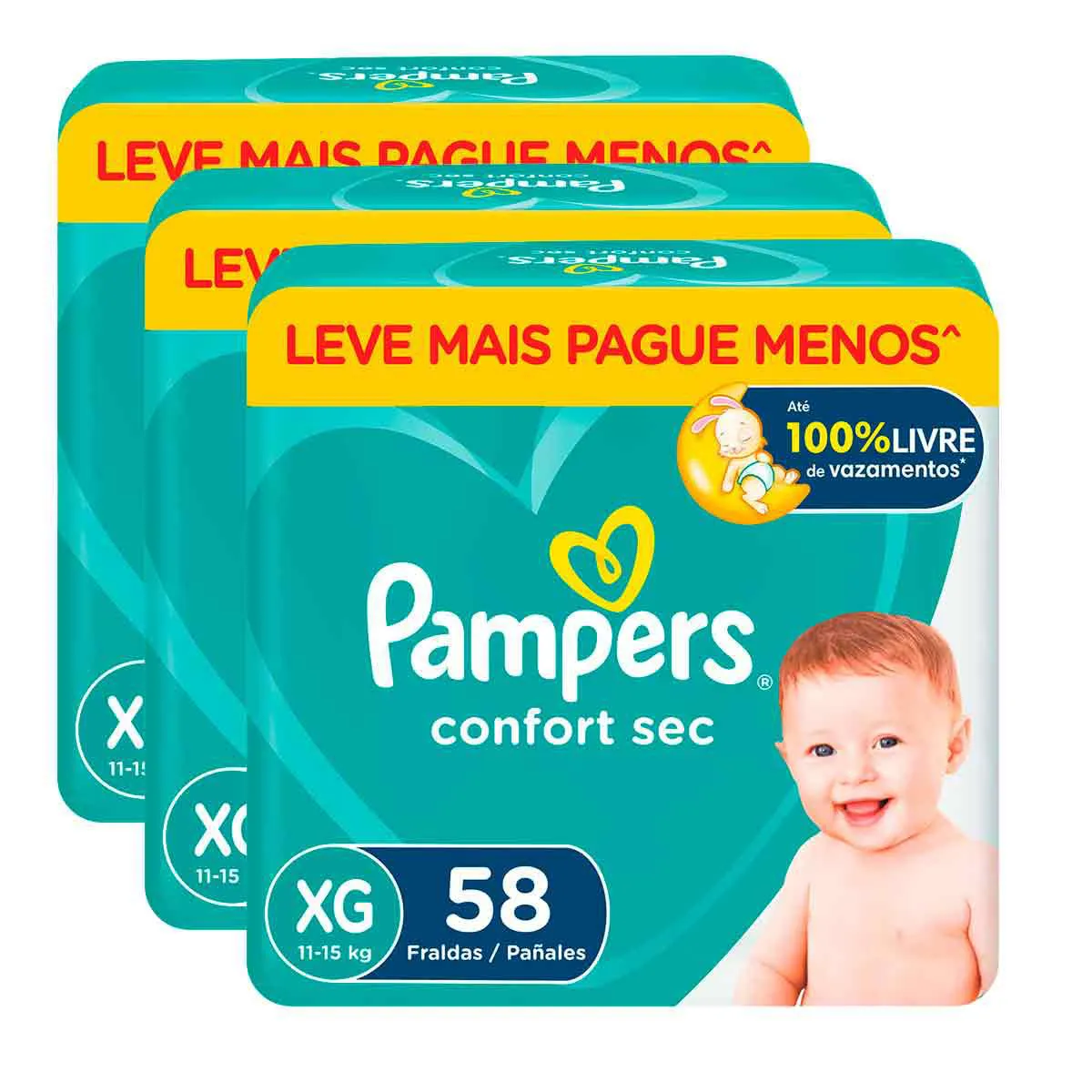 Kit Fralda Pampers Confort Sec XG 3 Pacotes de 58 unidades cada