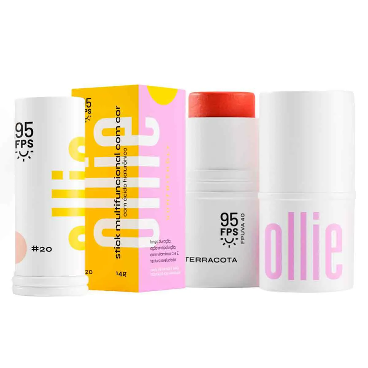 Kit Ollie Dual Stick FPS 95 Bastão 3 em 1 Blush Batom e Sombra Cor Terracota + Protetor Solar Ollie Stick Multifuncional Cor #20