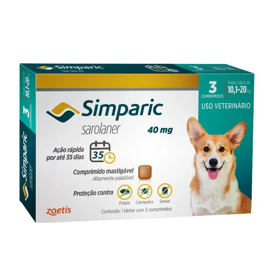 SIMPARIC CãES DE 10,1 A 20KG - 40MG - CX COM 3 COMPR