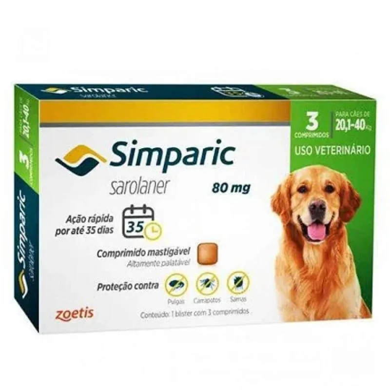 SIMPARIC CãES DE 20,1 A 40KG - 80MG - CX COM 3 COMPR