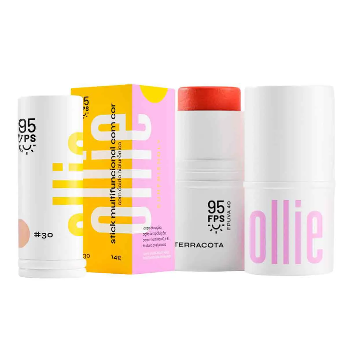 Kit Ollie Dual Stick FPS 95 Protetor Solar Multifuncional Cor #30 + Bastão 3 em 1 Blush Batom e Sombra Cor Terracota
