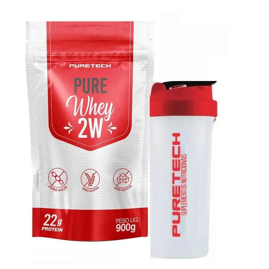 WHEY PROTEIN PURE 2W 900G REFIL + COQUETELEIRA - PURETECH  Morango