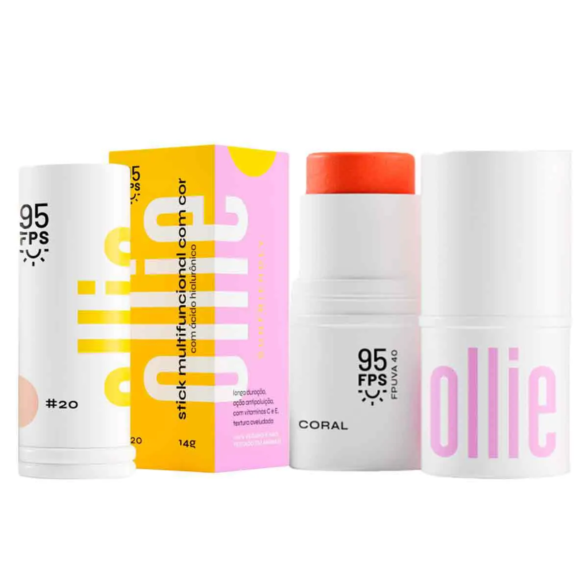 Kit Ollie Dual Stick FPS 95 Protetor Solar Multifuncional Cor #20 + Bastão 3 em 1 Blush Batom e Sombra Cor Coral