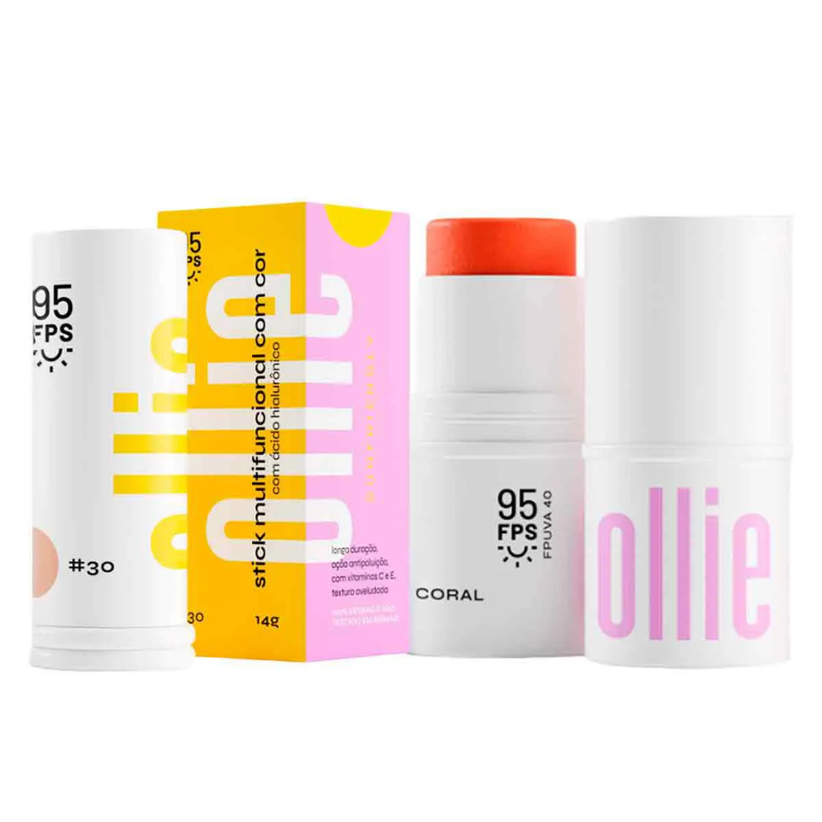 Kit Ollie Dual Stick FPS 95 Protetor Solar Multifuncional Cor #30 + Bastão 3 em 1 Blush Batom e Sombra Cor Coral 