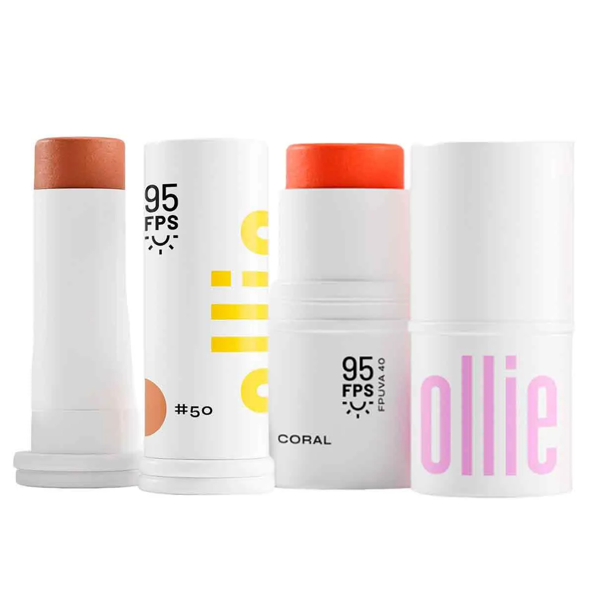 Kit Ollie Dual Stick FPS 95 Protetor Solar Multifuncional Cor #50 + Bastão 3 em 1  Blush Batom e Sombra Cor Coral