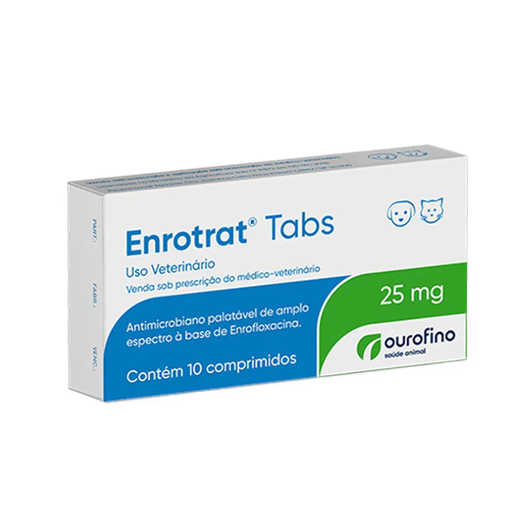 ANTIMICROBIANO ENROTRAT TABS OUROFINO 25MG PARA CãES E GATOS COM 10 COMPRIMIDOS
