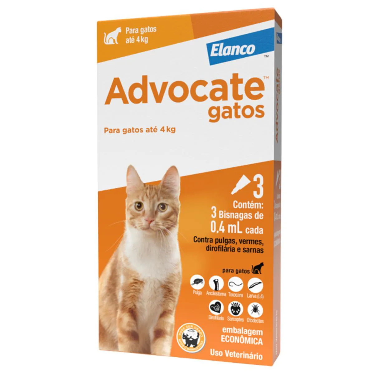 ANTIPULGAS ADVOCATE 0,4ML PARA GATOS DE ATé 4KG COM 3 PIPETAS