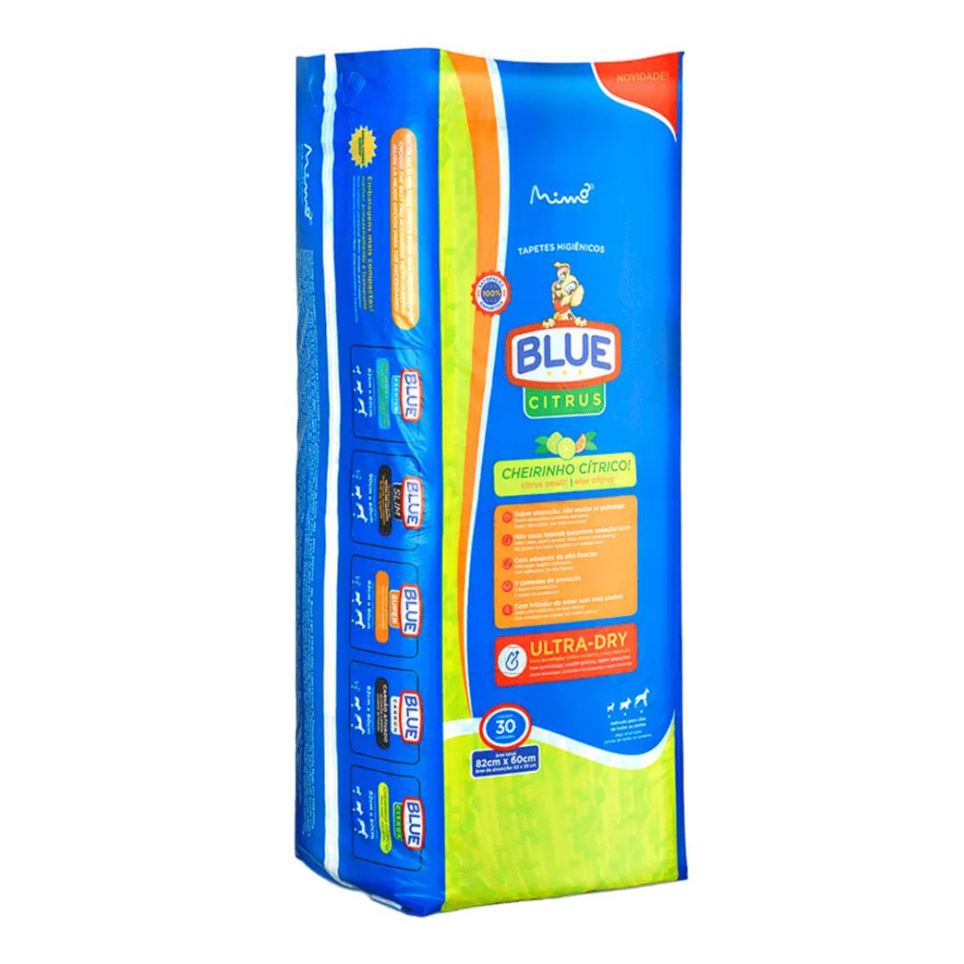 TAPETE HIGIêNICO BLUE CITRUS 82CM X 60CM PARA CãES COM 30 UNIDADES