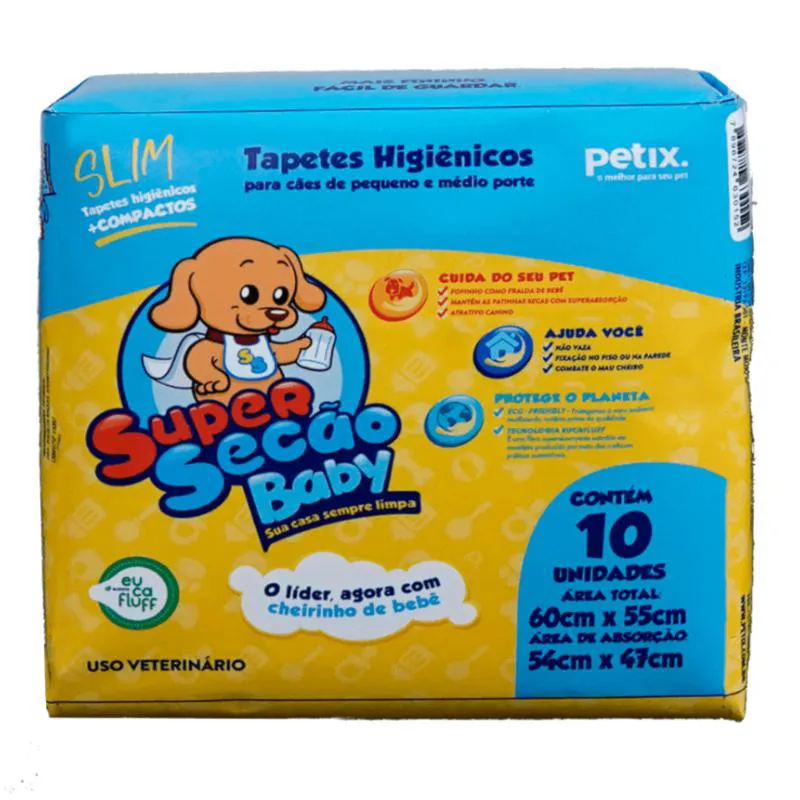 TAPETE HIGIêNICO SUPER SECãO BABY SLIM 10UN 60X55CM PARA CãES DE PEQUENO E MéDIO PORTE