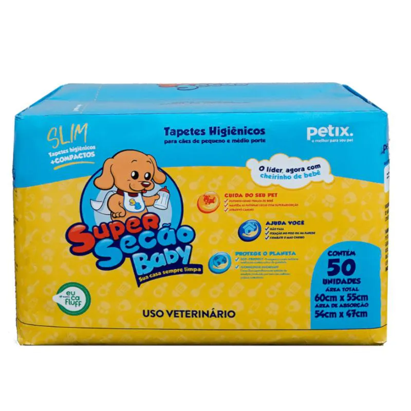 TAPETE HIGIêNICO SUPER SECãO BABY SLIM 50UN 60X55CM PARA CãES DE PEQUENO E MéDIO PORTE