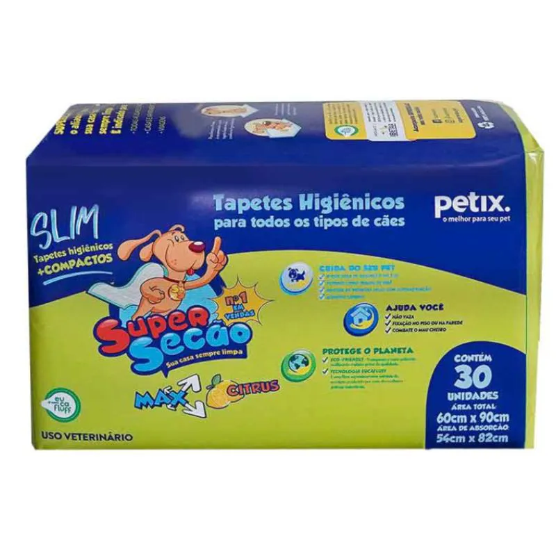 TAPETE HIGIêNICO SUPER SECãO MAX SLIM CITRUS 30UN 60X90CM PARA CãES