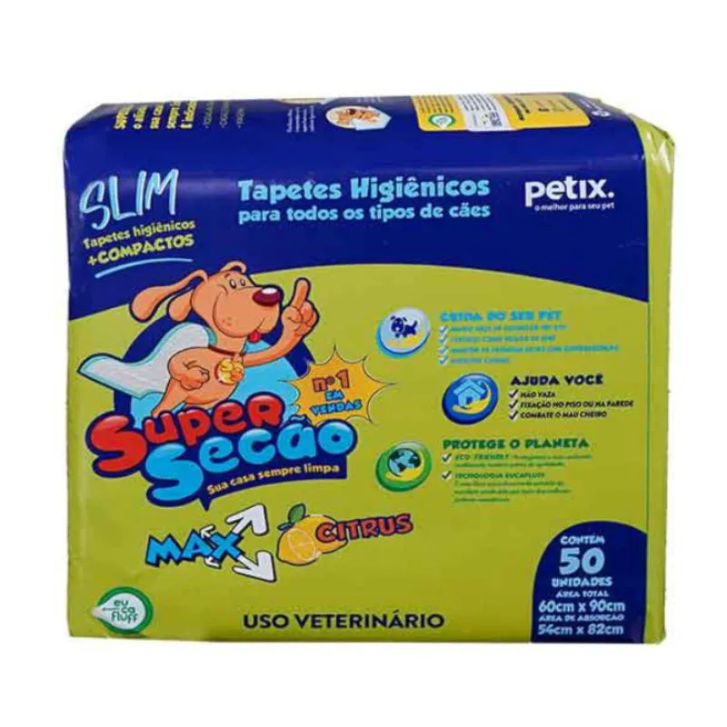 TAPETE HIGIêNICO SUPER SECãO MAX SLIM CITRUS 50UN 60X90CM PARA CãES