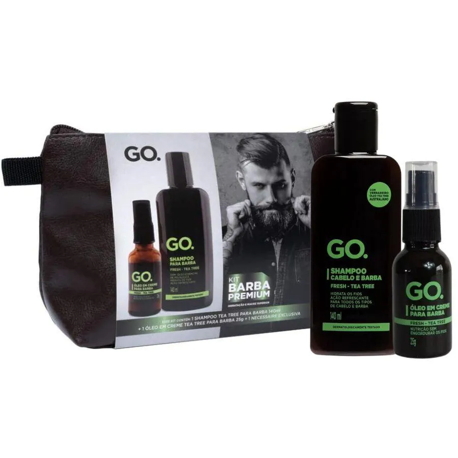 KIT BARBA PREMIUM FRESH TEA TREE ( SHAMPOO 140ML + ÓLEO EM CREME PARA A BARBA 25G + NéCESSAIRE )