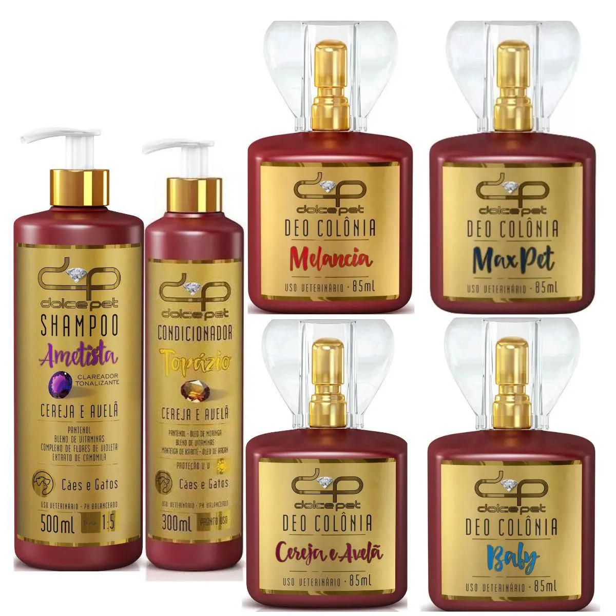 Kit Dolce Pet Shampoo Clareador Tonalizante + Condicionador Topázio + Deo Colônias Cereja e Avelã Cães e Gatos