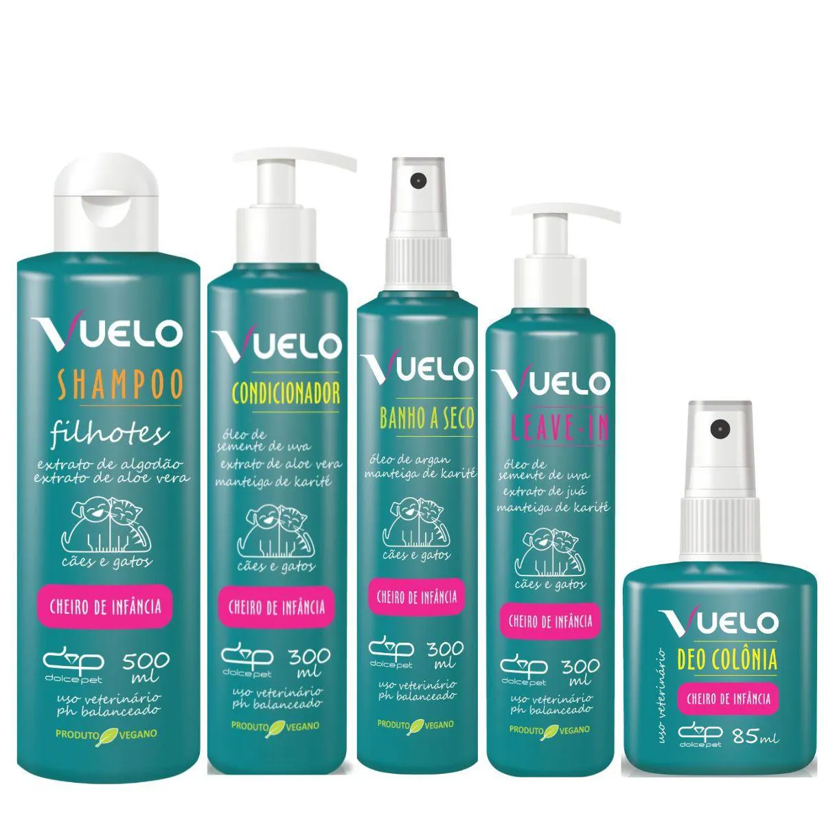 Kit Dolce Pet Shampoo Filhotes + Condicionador + Banho Á Seco + Leave-In + Deo Colônia Cheiro de Infância P/Cães e Gatos