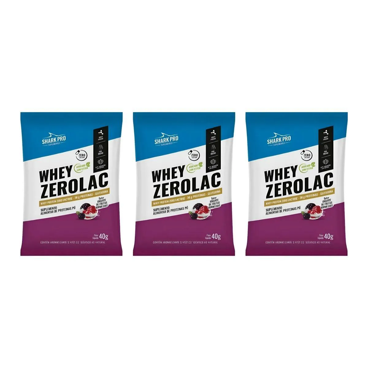 Kit 3 Sache Whey Zerolac 30G Proteina Frutas Vermelhas 40G Shark