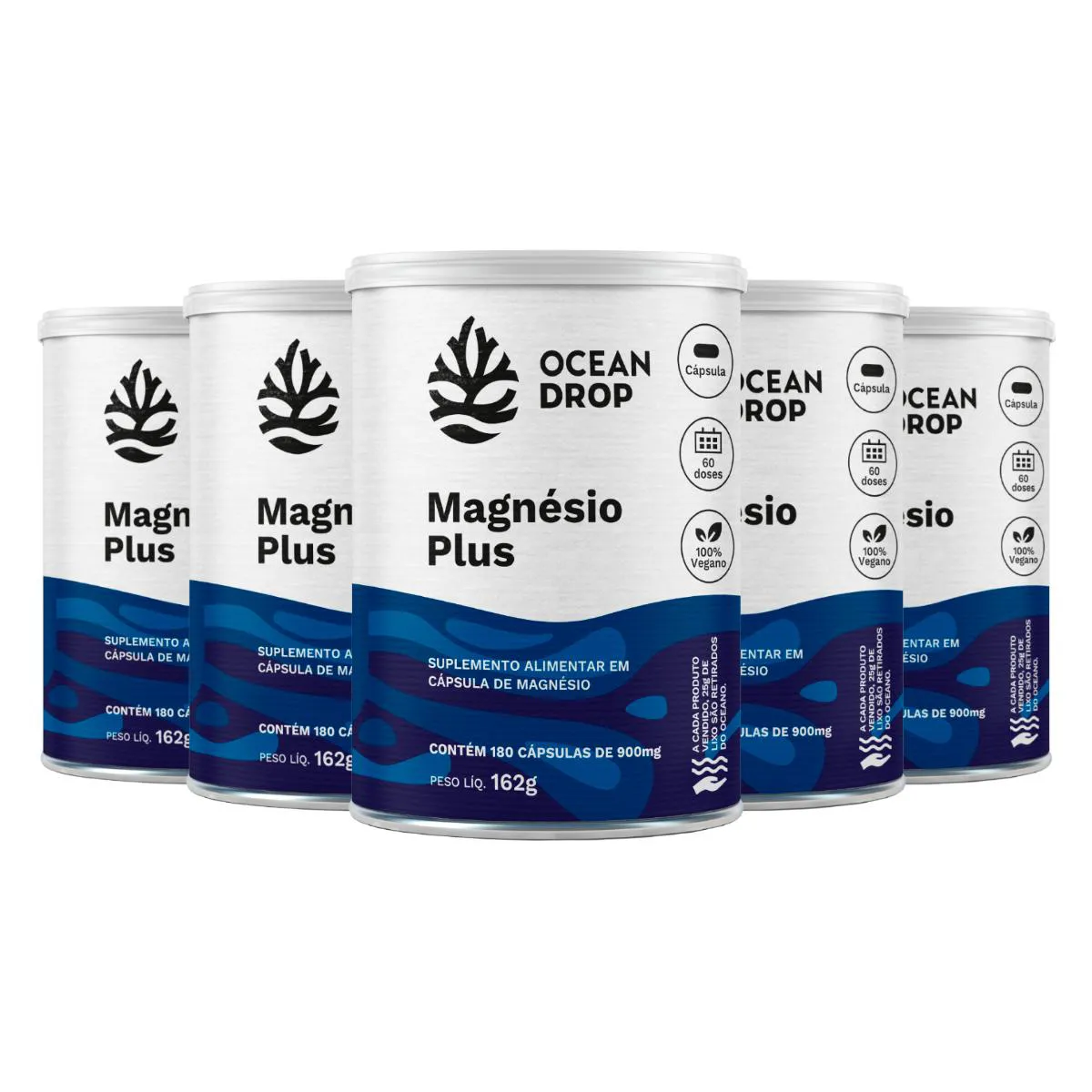 Kit 5 Magnesio Plus 4 Magnesios Ocean Drop Vegano 180 Capsulas