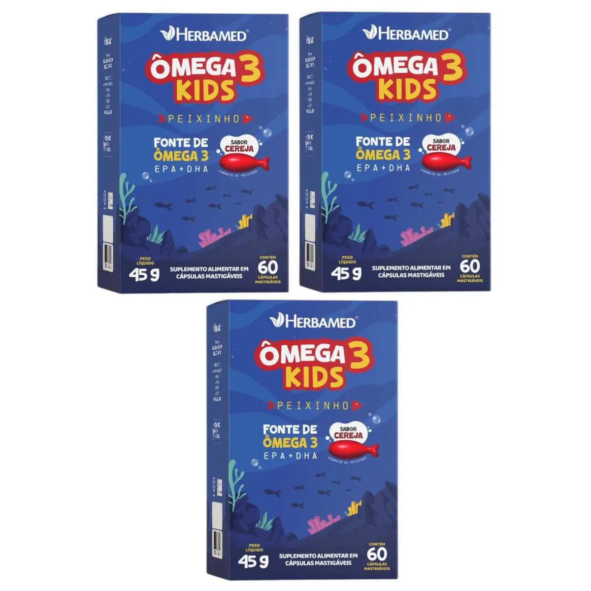 OMEGAボックス(3)￼ 3 Caixas Omega 3 Kids 60 Capsulas Mastigaveis Cereja Herbamed