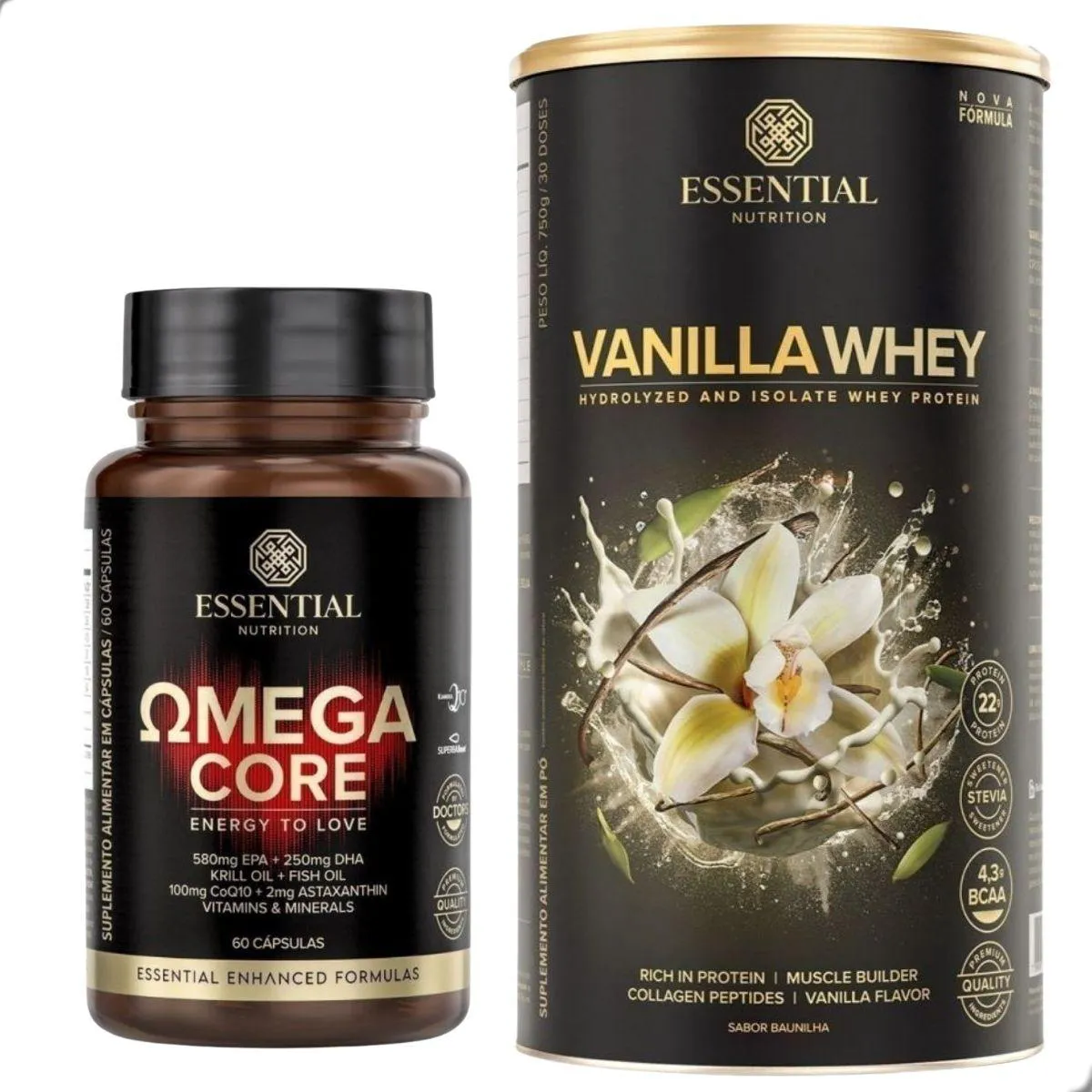 Kit Vanilla Whey Protein 375G + Omega Core 60 Caps Essential 1480617 ...