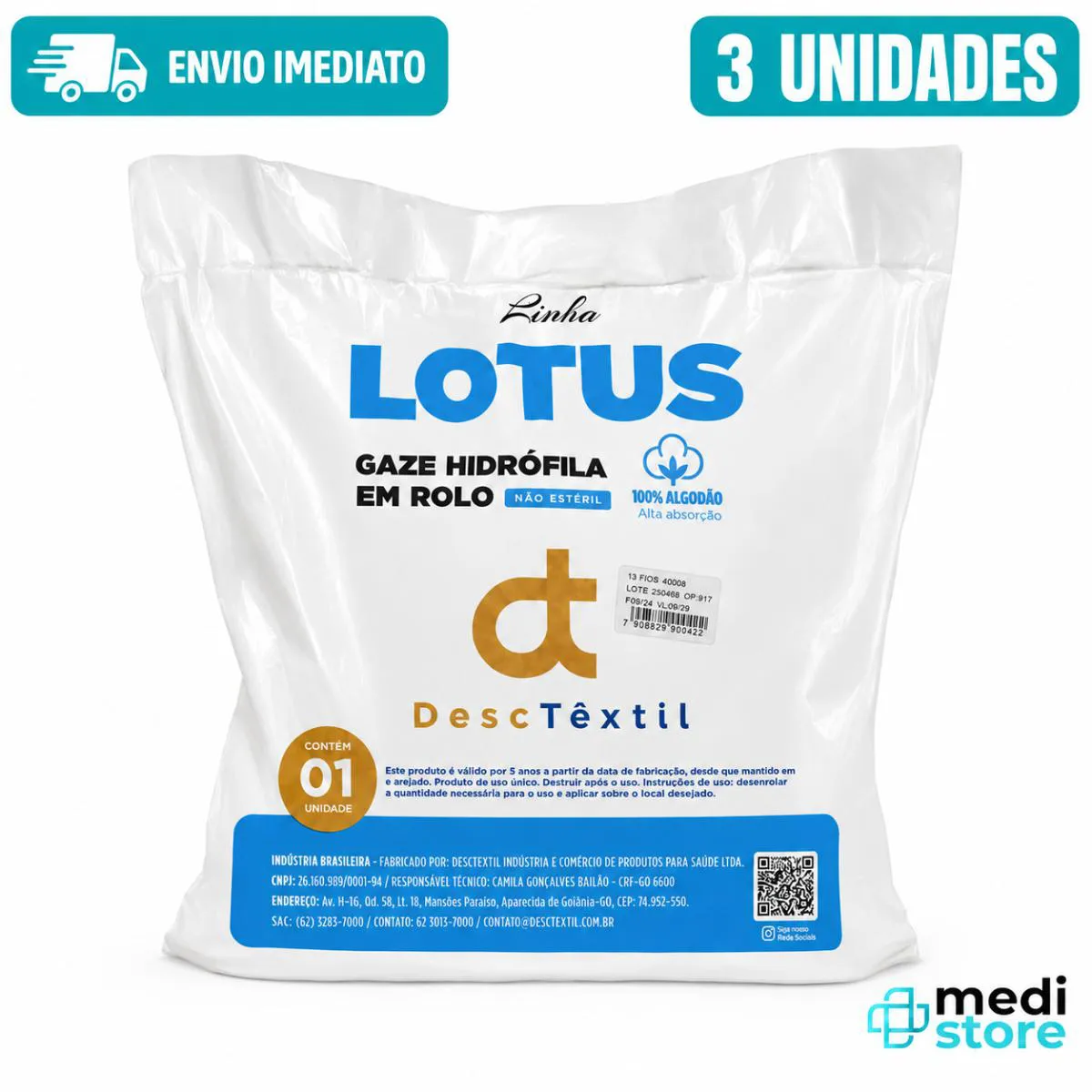 Kit 3 Gaze Hidrofila Tipo Queijo Rolo 13 Fios 400G Top Lotus