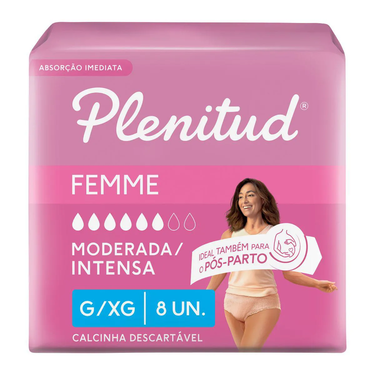 Roupa Íntima Descartável Feminina Plenitud Femme G/XG Absorção Moderada a Intensa 8 unidades