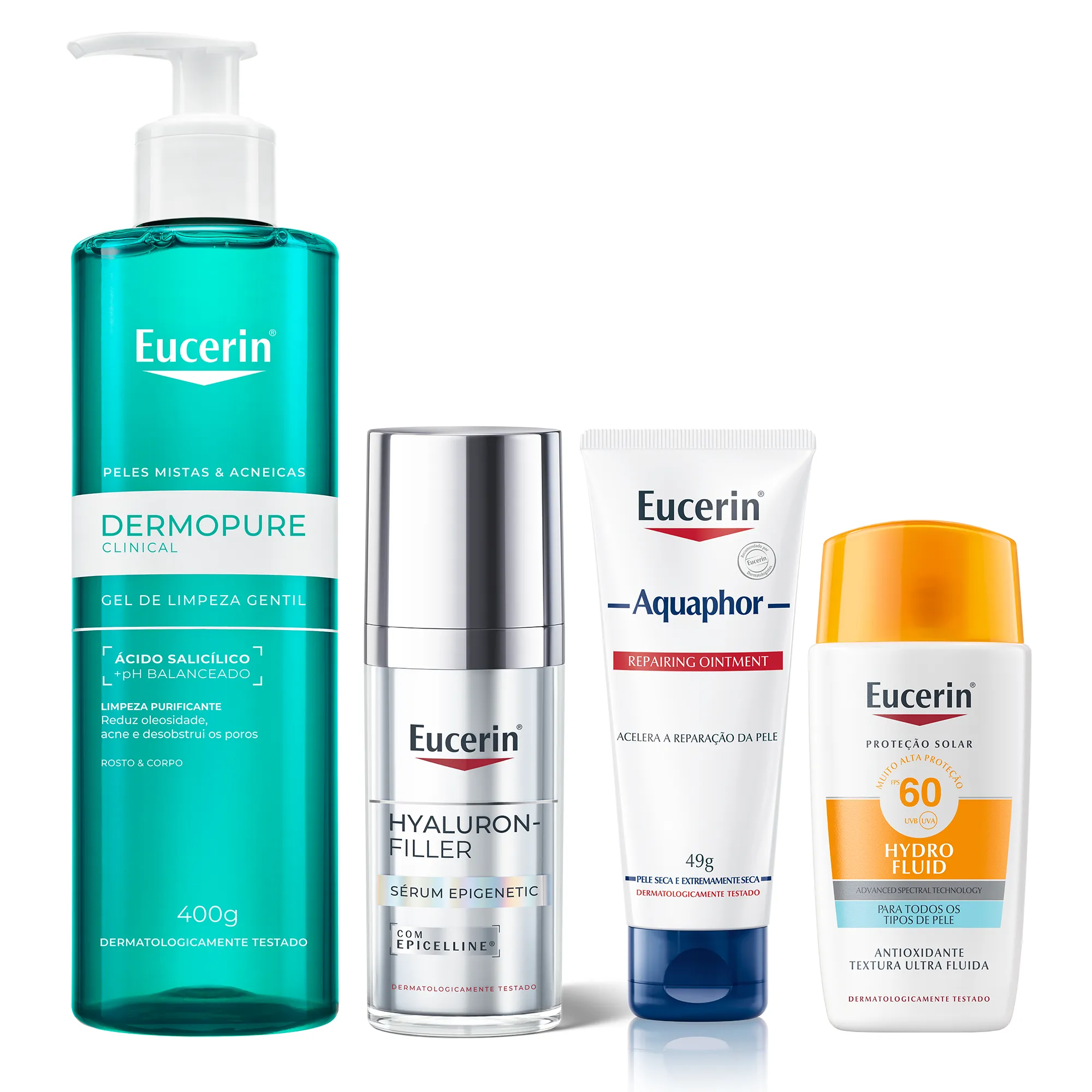 Kit Eucerin Facial Gel de Limpeza Dermo Pure Gentil 400g + Sérum Anti-Idade Hyaluron-Filler Epigenetic 30ml + Protetor Solar Facial Fluido FPS 60 Hydro Fluid 50ml + Pomada Reparadora Intensiva Aquaphor 49g
