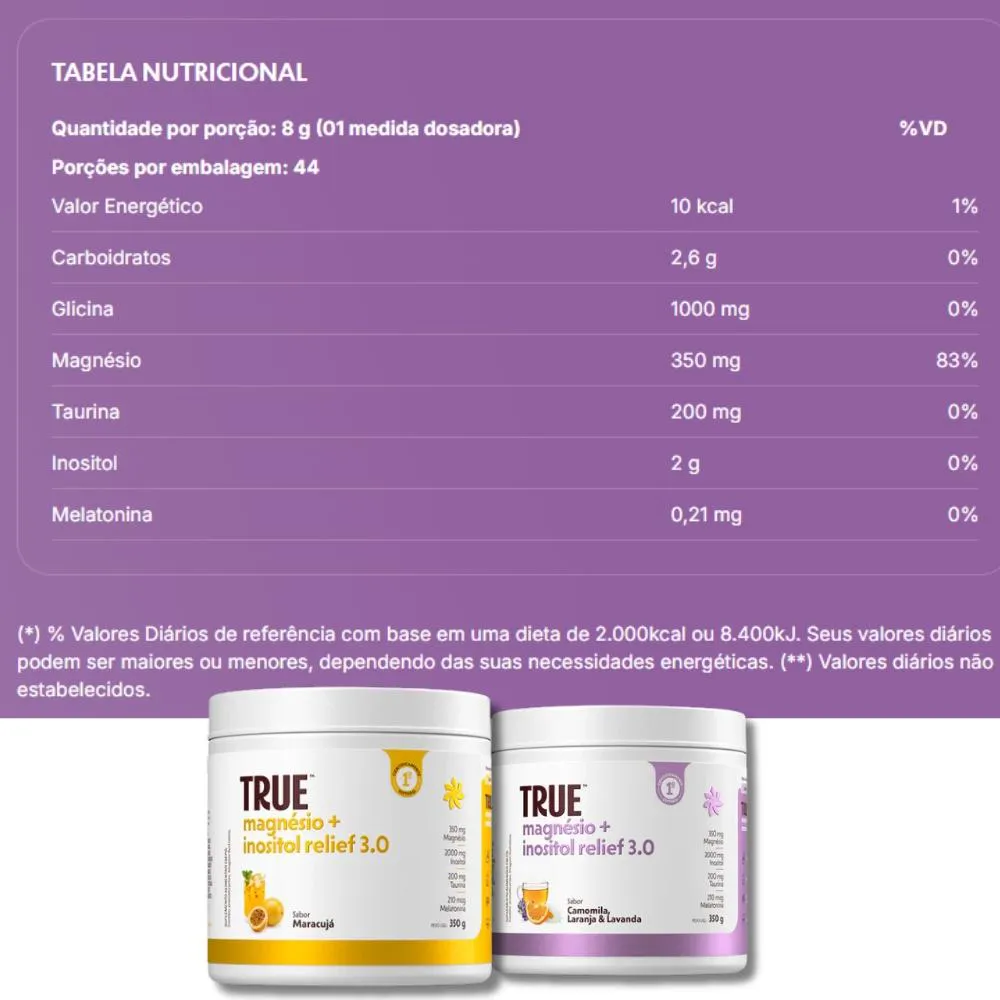 True Magnesio + Inositol 3.0 Relief 350g - Truesource - Sabor