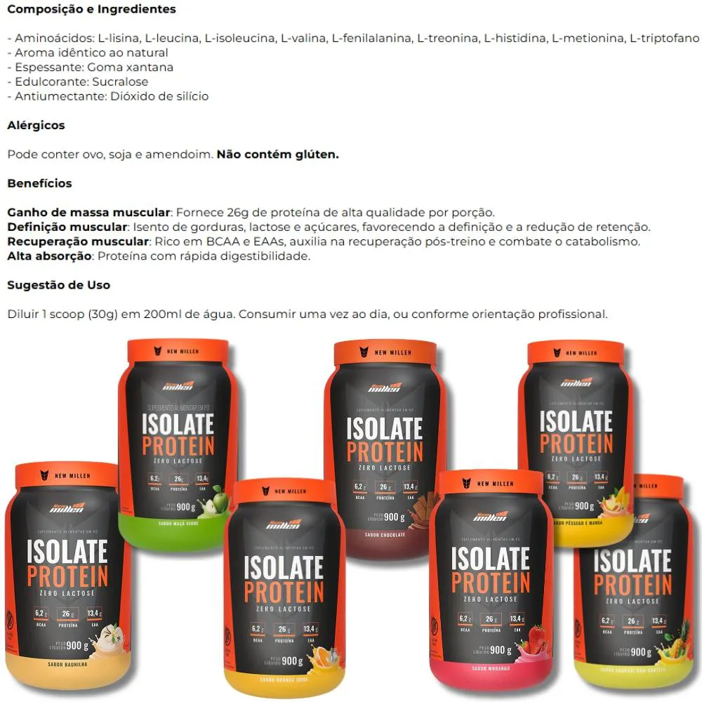 Whey Isolate Protein Zero Lactose 900g New Millen - Baunilha