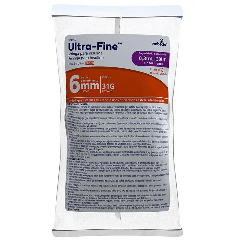 Seringa de Insulina BD Ultra-Fine 6mm 30UI com 10 unidades