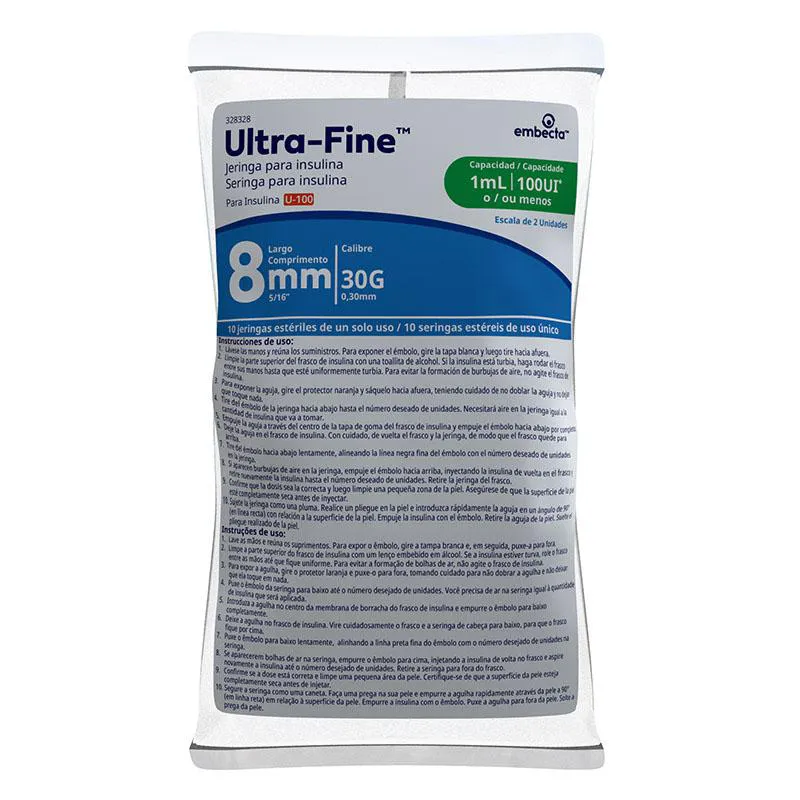 Seringa de Insulina BD Ultra-Fine 8mm 100UI com 10 unidades