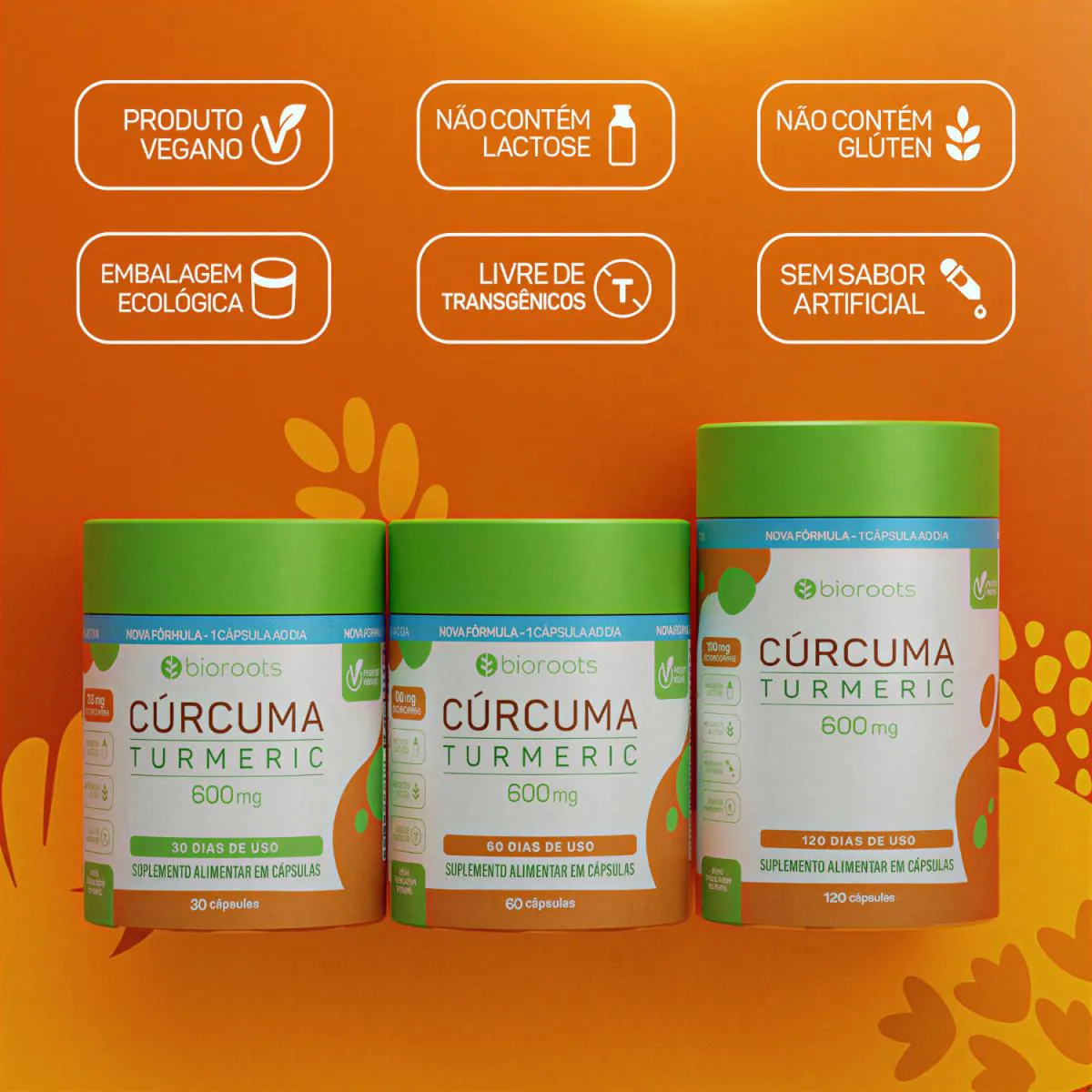 Curcuma 600mg Vegana 1 ao Dia 30 Capsulas Curcumina - Bioroots