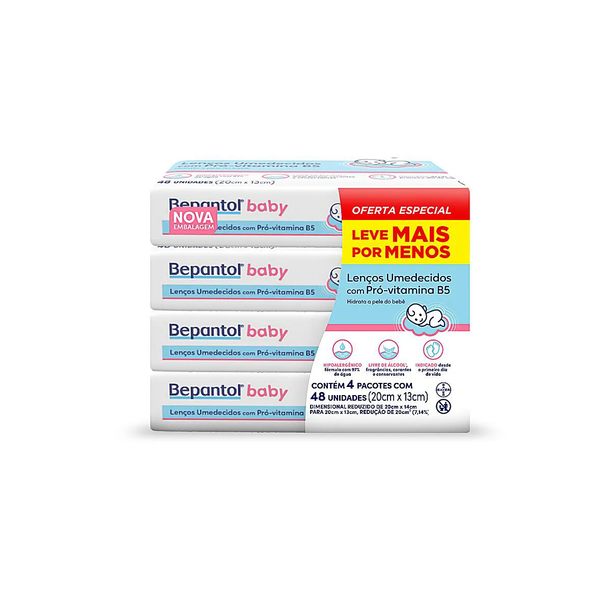 Kit Lenço Umedecido Bepantol Baby Hipoalergênico com Pró Vitamina B5 Sem Fragrância 48 unidades 4 pacotes