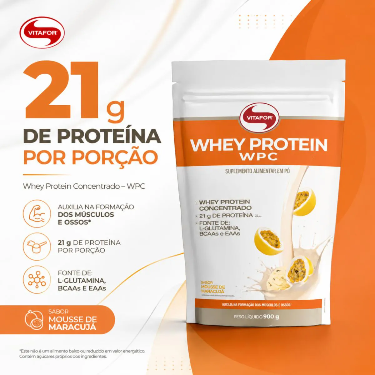 Kit 2 Whey Protein Wpc Vitafor 900g Mousse Maracuja 21g Proteina