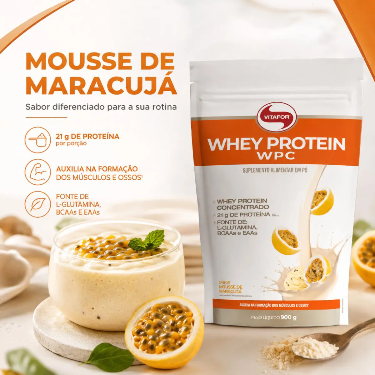 Kit 2 Whey Protein Wpc Vitafor 900g Mousse Maracuja 21g Proteina