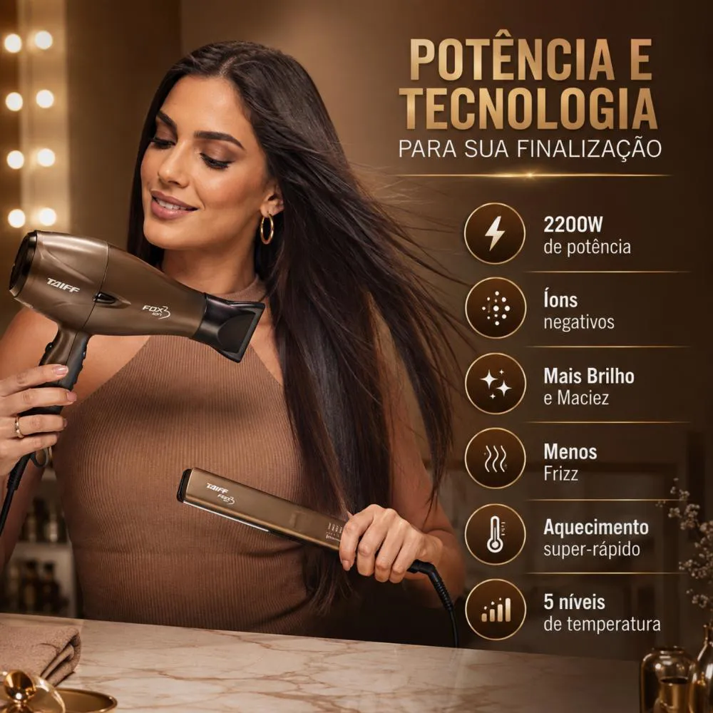 Kit Taiff Fox Ion 3 Mocha: Chapa Bivolt + Secador 2200w 127v