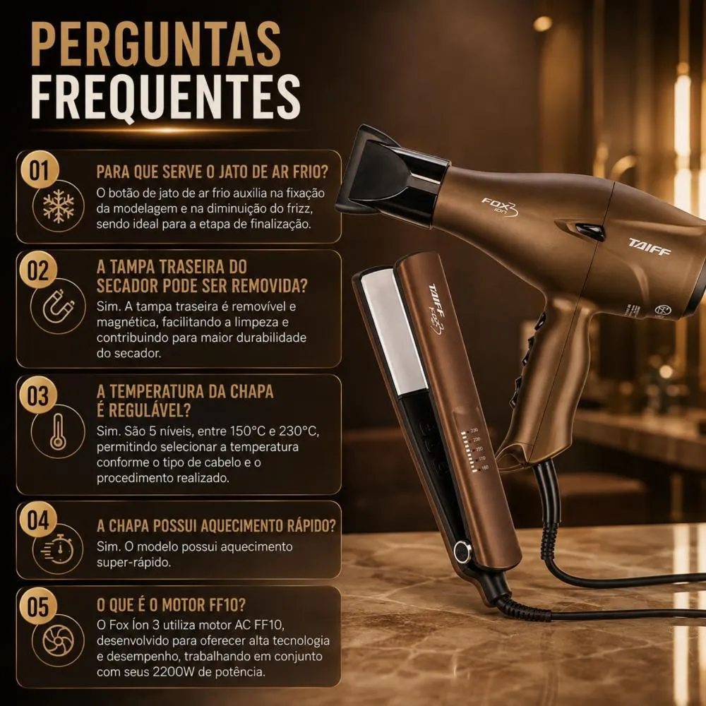 Kit Taiff Fox Ion 3 Mocha: Chapa Bivolt + Secador 2200w 220v
