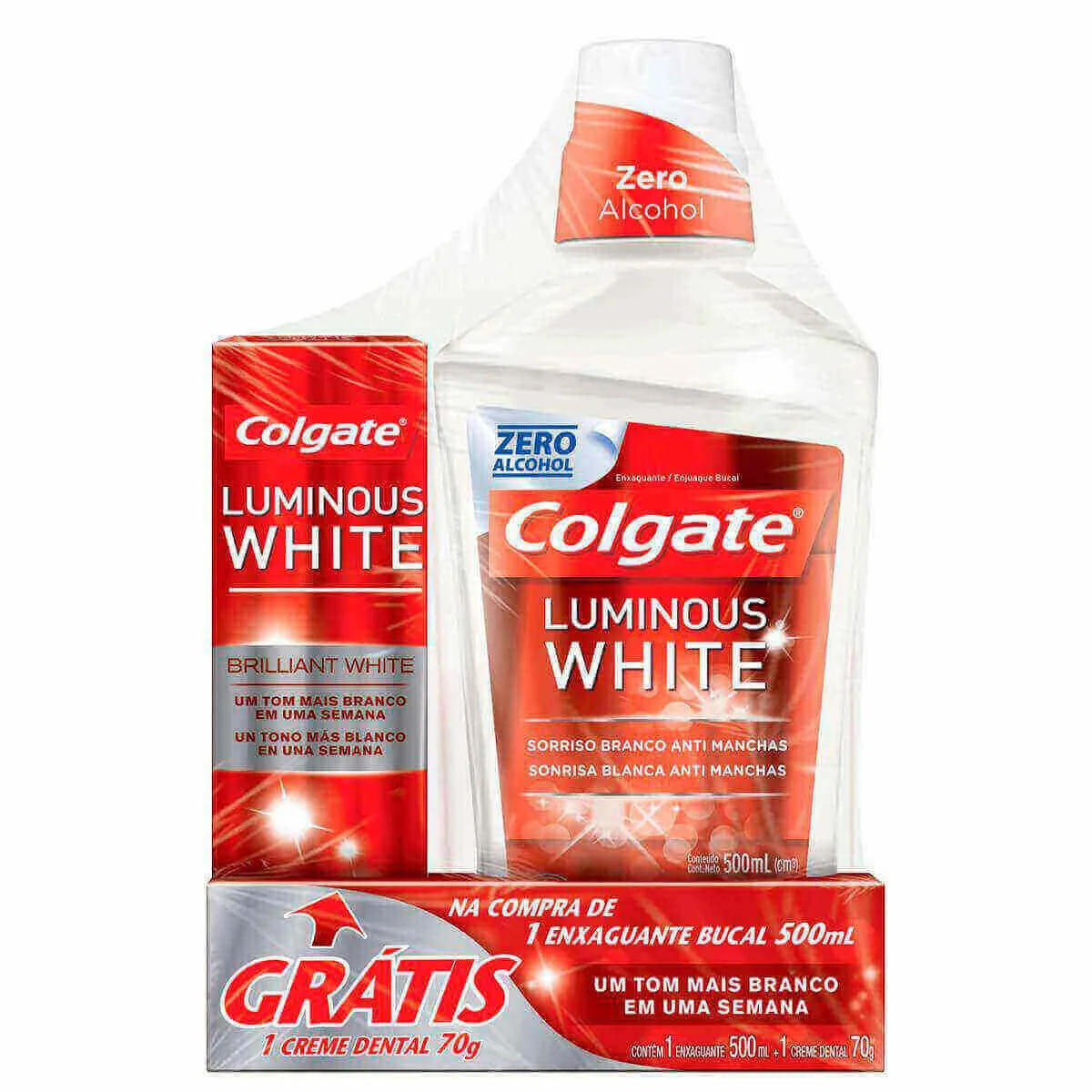 Kit Colgate Luminous White Enxaguante Bucal 500ml + Pasta de Dente 70g