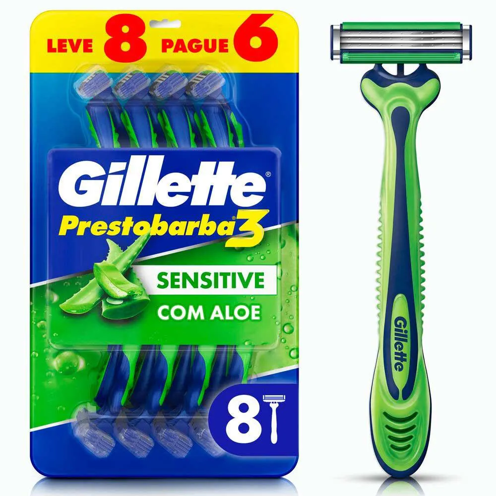 Aparelho de Barbear Gillette Prestobarba 3 Sensitive Aloe Vera 8 unidades