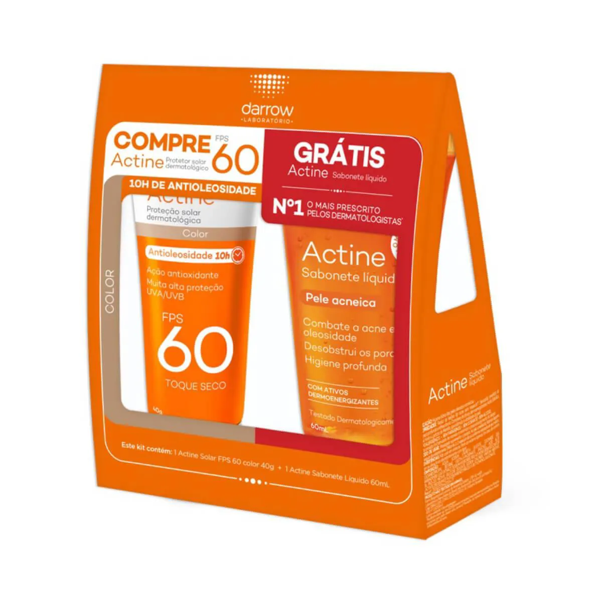 Kit Actine Protetor Solar FPS 60 Antioleosidade com Cor Universal com 40g + Sabonete Líquido Antiacne com 60ml