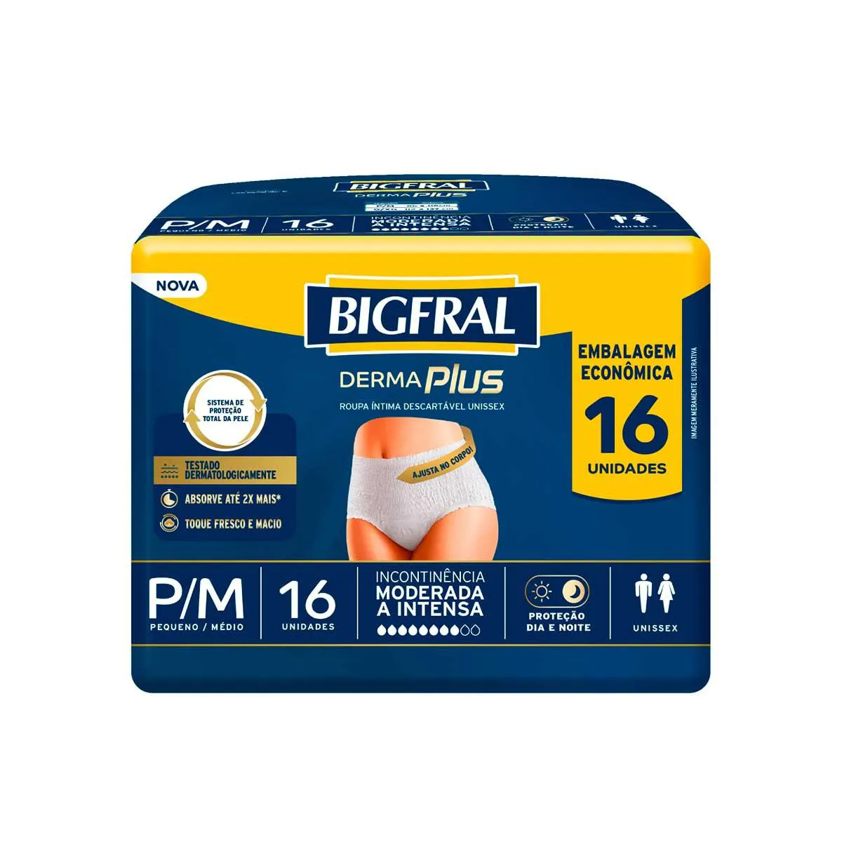 Roupa Íntima Descartável Unissex Bigfral Derma Plus P/M Absorção Moderada a Intensa 16 unidades