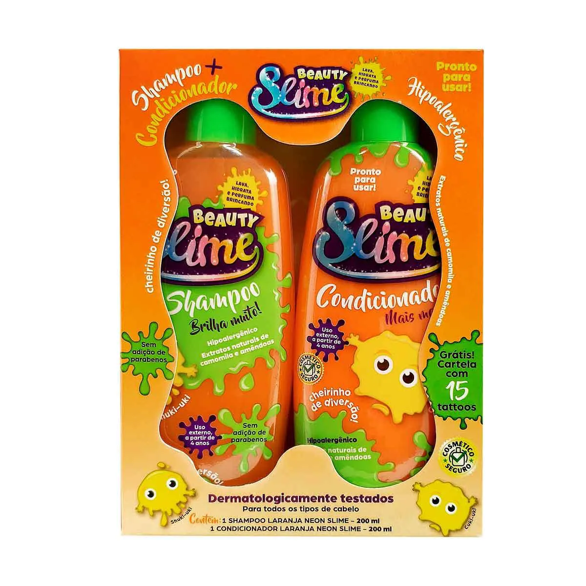 Kit Shampoo + Condicionador Infantil Beauty Slime Laranja Neon com 200ml cada + 15 Cartelas com Tattoos