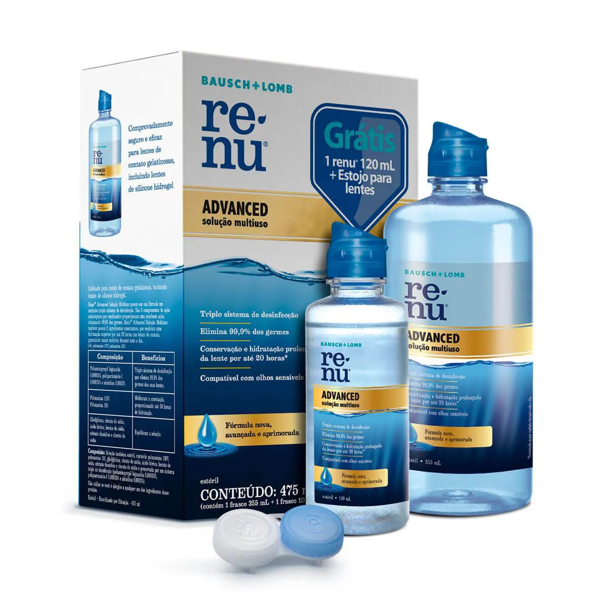 Kit para Limpeza de Lente de Contato Renu Advanced com 335ml + 120ml + Estojo para Lente de Contato