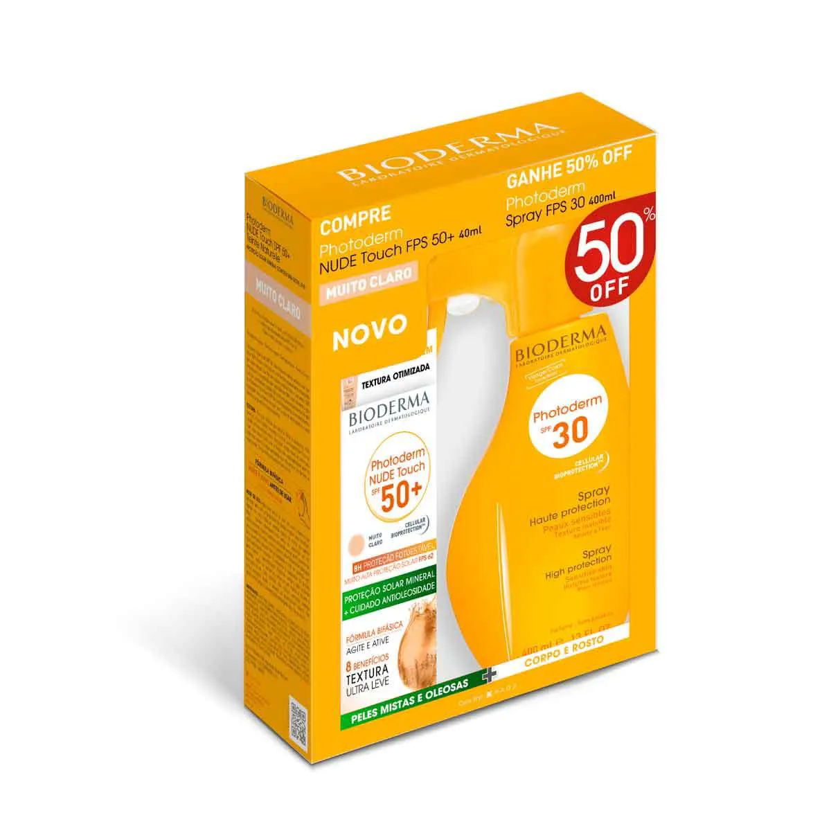 Kit Protetor Solar Photoderm Nude Touch FPS50+ Cor Muito Claro 40ml + Spray Photoderm FPS 30 com 400ml