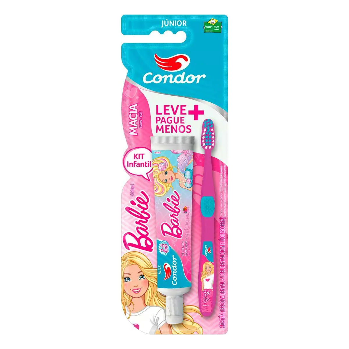 Kit Gel Dental Infantil com 50g + Escova de Dente Condor Júnior Barbie Macia