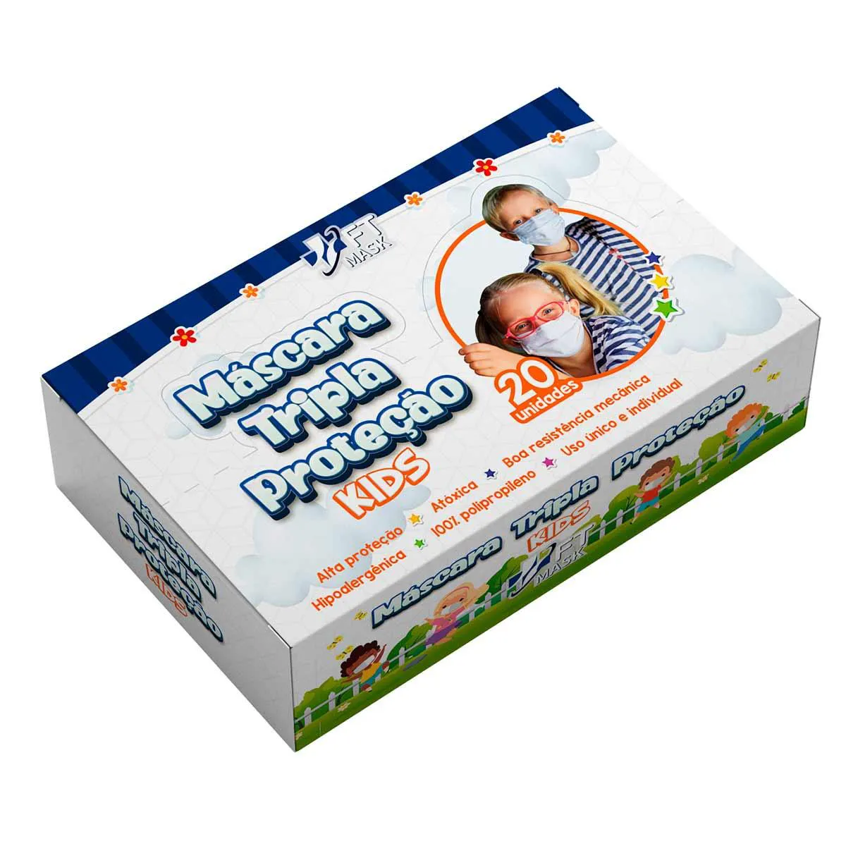 Máscara Facial FT Mask Kids Tripla Proteção Azul com 20 unidades