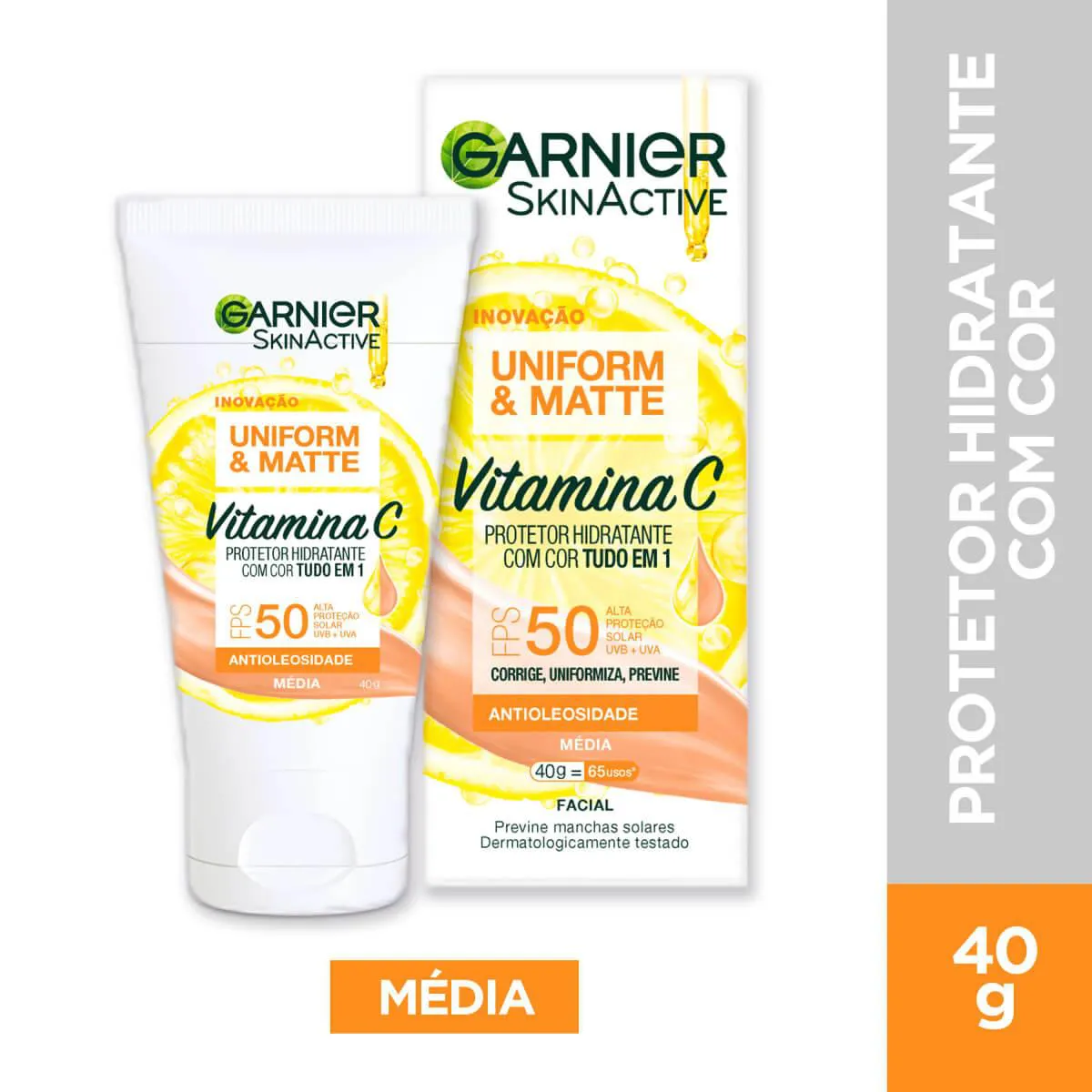 Protetor Solar Hidratante Facial Garnier Uniform & Matte Vitamina C FPS 50 Cor Média 40g